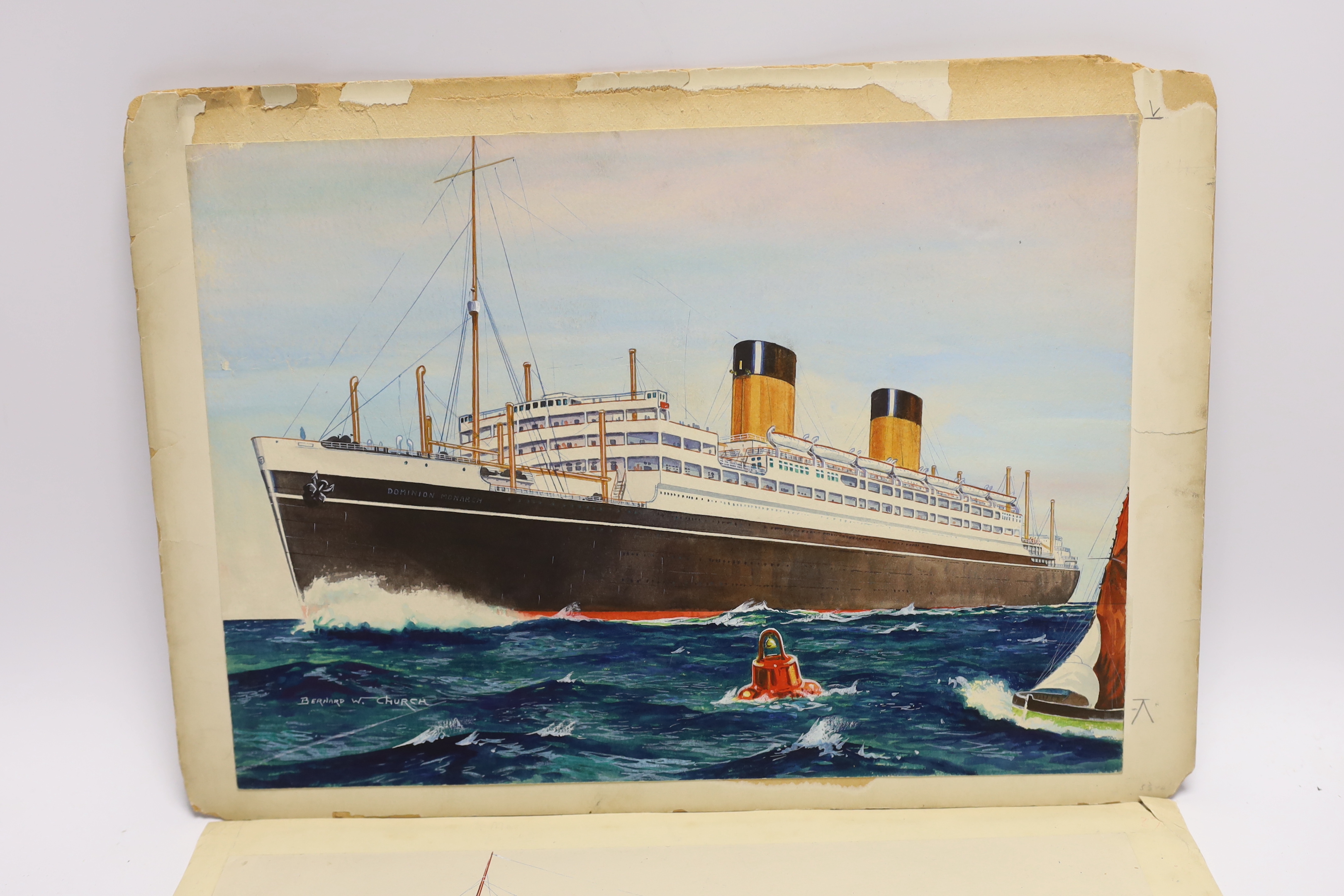 Bernard William Church, two watercolours of 1930s ocean liners, RMS Athlone Castle, Union Castle Line, 26 x 35.5cm and RMS Dominion Monarch, Shaw, Savill and Albion Line, 26 x 36cm, both signed